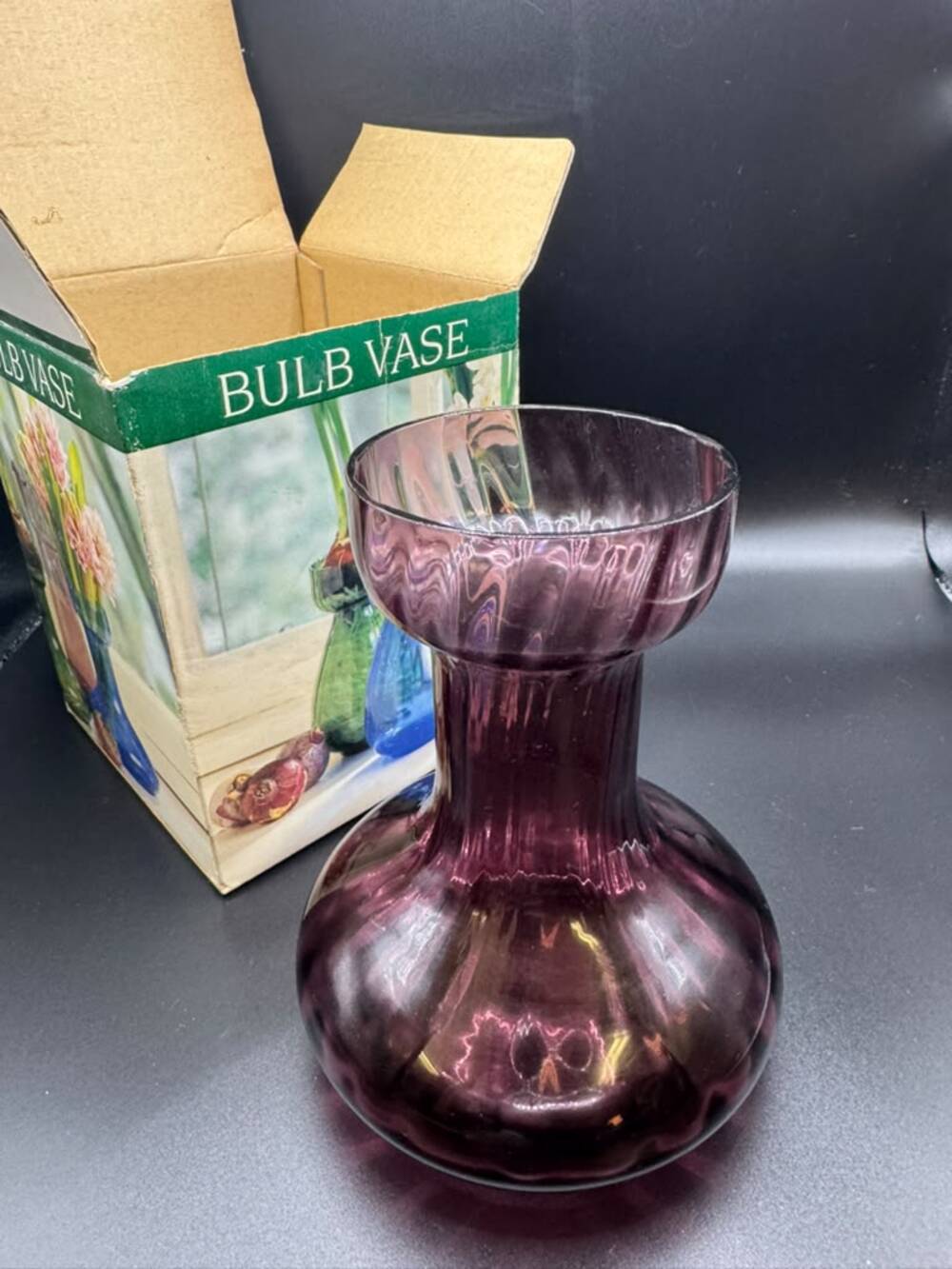 Two’s Company Renny Collection Amethyst Purple Hand Blown Glass Bulb Vase w/ Box